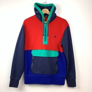 Polo Ralph Lauren Hoodie 1/4 Zip Colorblock Pullover Med Retro 80’s Style READ